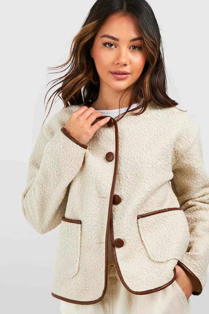 Contrast Trim Wool Look Jacket | Boohoo.com (UK & IE)