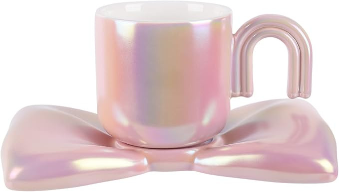 Koythin Ceramic Coffee Mug, Creative Cute Cup with Bowknot Saucer, Novelty Coffee Cup with Comfor... | Amazon (US)