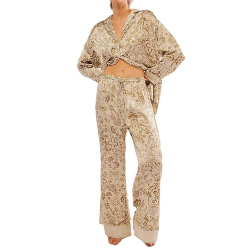 Women Satin Pajama Set Floral Silk Pajamas 2 Piece Lounge Sets Button Down Shirts Wide Leg Pants ... | Amazon (US)