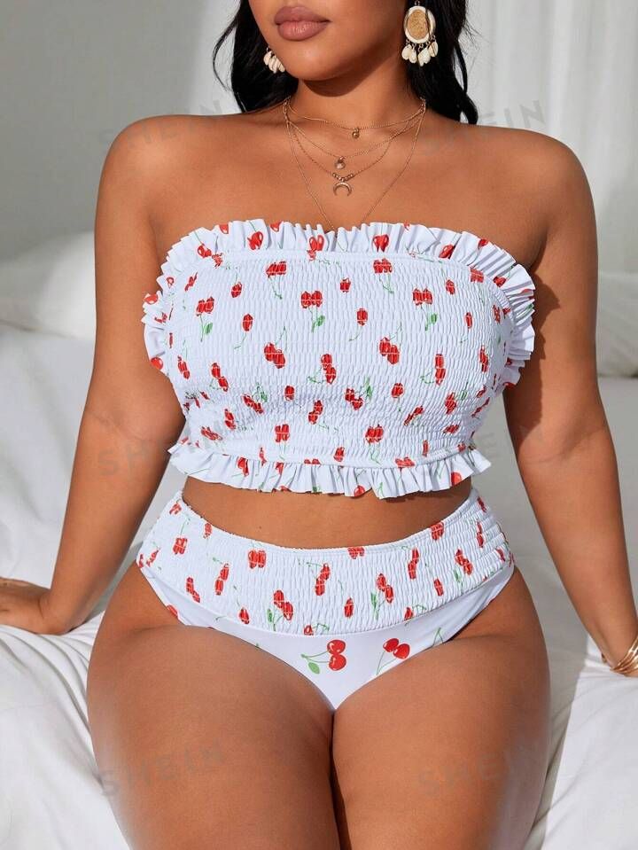 SHEIN Swim Curve Summer Beach Plus Size Cherry Printed Ruffle Trim Strapless Bra & Bikini Bottom ... | SHEIN