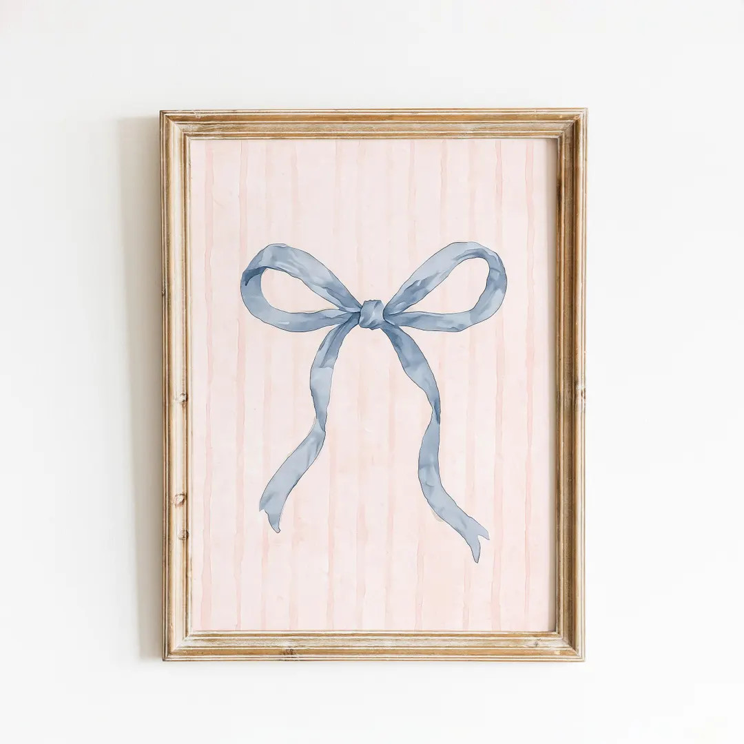 Blue Bow Wall Art – Watercolor Ribbon Print on Blush Striped Background | Etsy (US)
