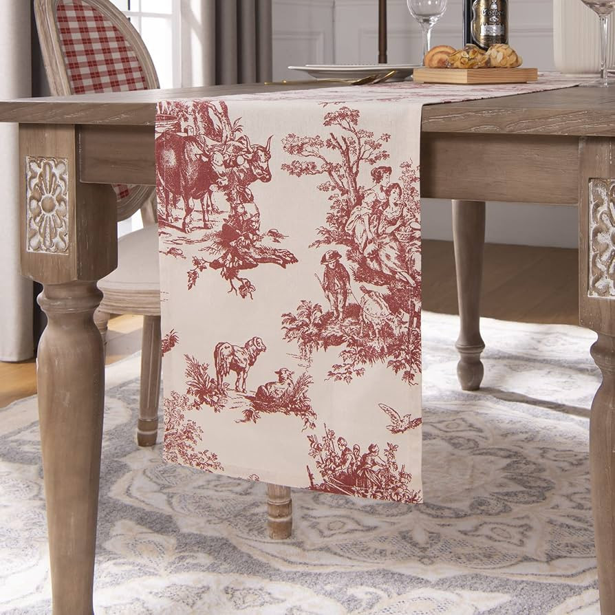 Red Christmas Table Runner for Kitchen,Rustic Vintage Farmhouse Toile Floral Patterned Cream Beig... | Amazon (US)