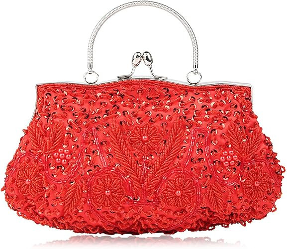 SSMY Beaded Sequin Design Flower Evening Purse Large Clutch Bag (red) | Amazon (US)