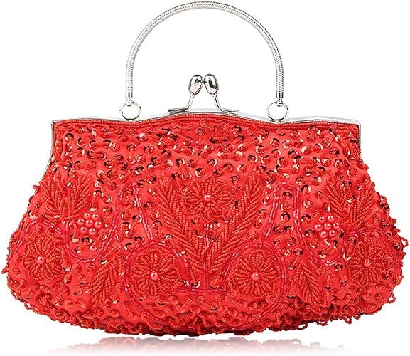 SSMY Beaded Sequin Design Flower Evening Purse Large Clutch Bag (red) | Amazon (US)