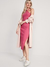 Fitted Rib-Knit Halter Midi Dress for Women | Old Navy (US)