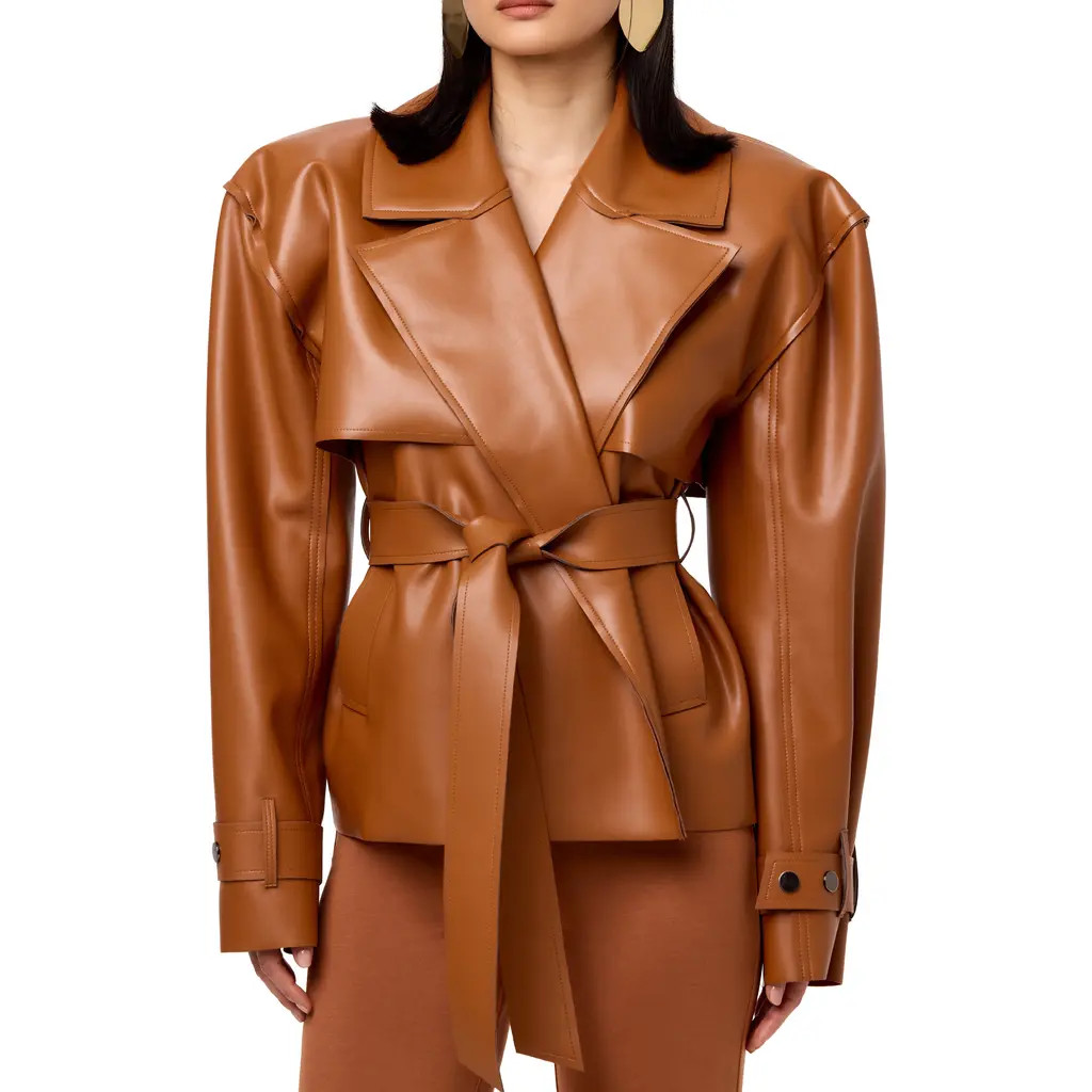 Naked Wardrobe Faux Leather Crop Trench Coat in Camel at Nordstrom, Size Medium | Nordstrom