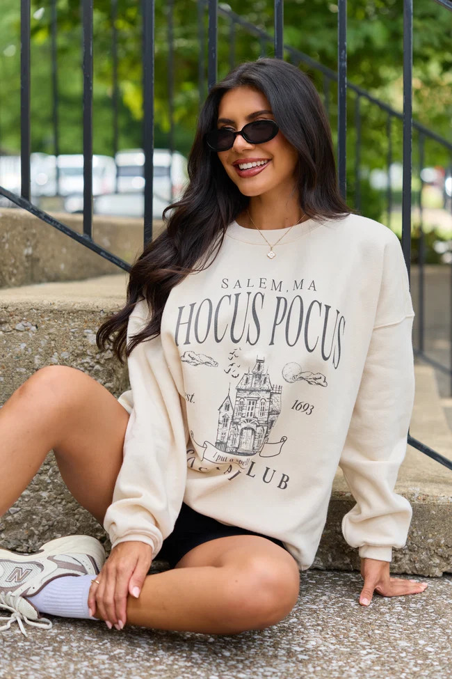 Hocus Pocus Charcoal Print Cream Graphic Sweatshirt | Pink Lily