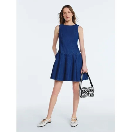 Scoop Women's and Women's Plus Boat Neck Cotton Mini Dress with Drop Waist, Sizes XS-4X | Walmart (US)