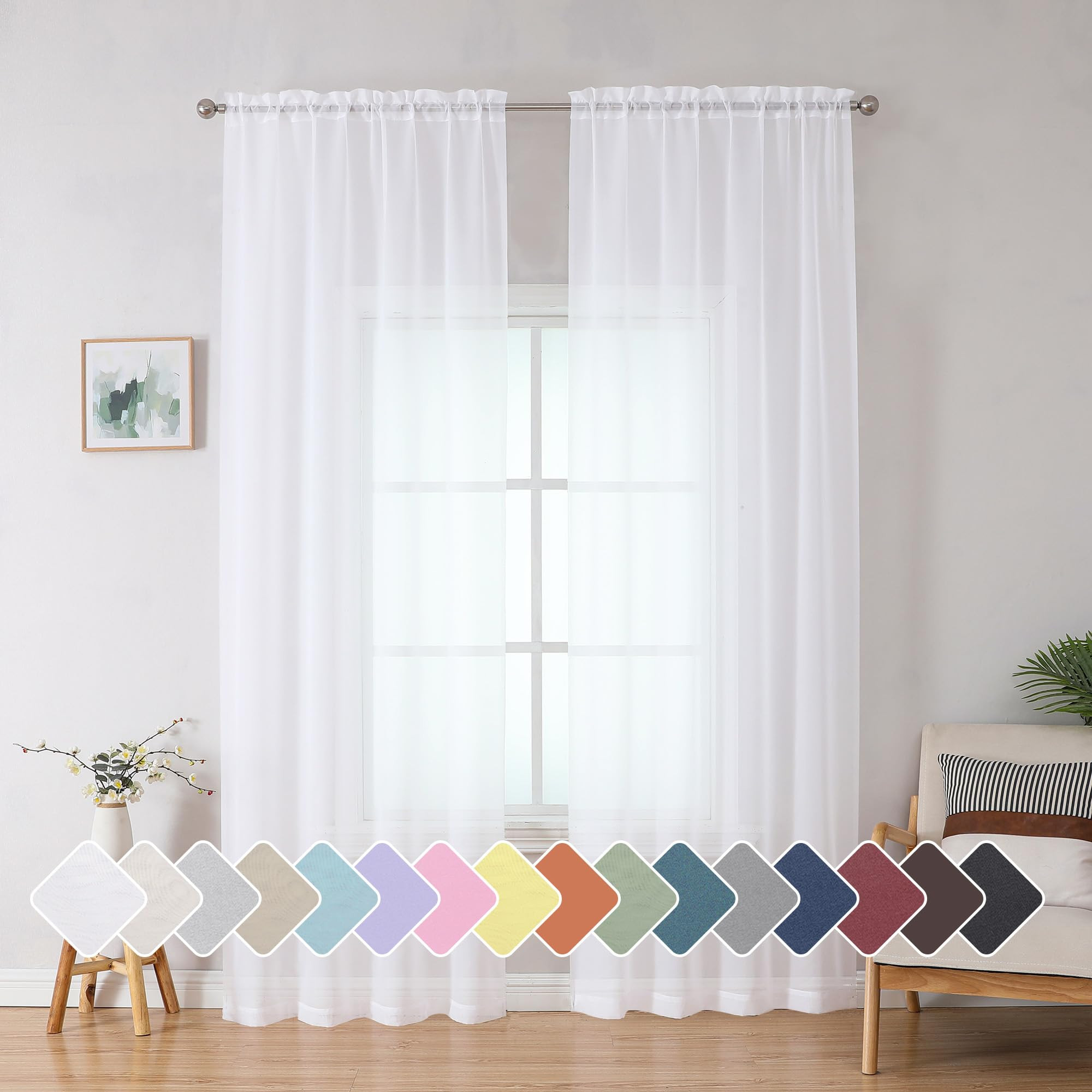 Simplebrand White Sheer Curtains, 84" Length, 2 Panels Set - Light Filtering, Rod Pocket Window C... | Amazon (US)
