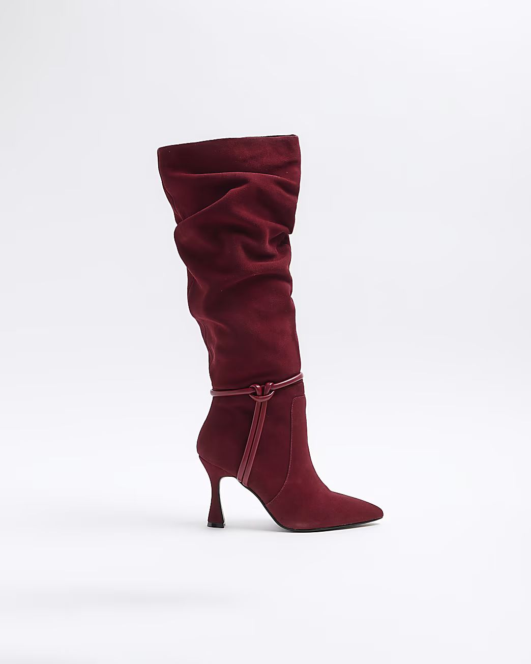 Red suede slouch heeled high leg boots | River Island (US)