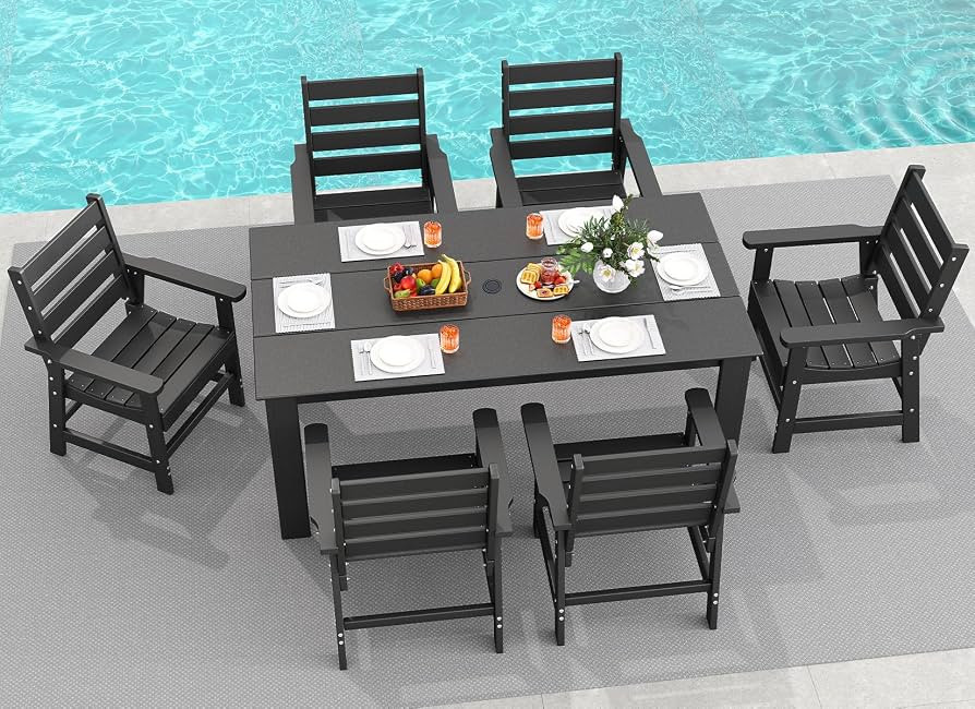 GREENVINES 7-Piece Outdoor Dining Set | HDPE | Patio Table and Chairs Sets for 6 | Patio Furniture | All Weather | Umbrella Hole | Blue| for Backyard Poolside Garden : Patio, Lawn & Garden | Amazon (US)