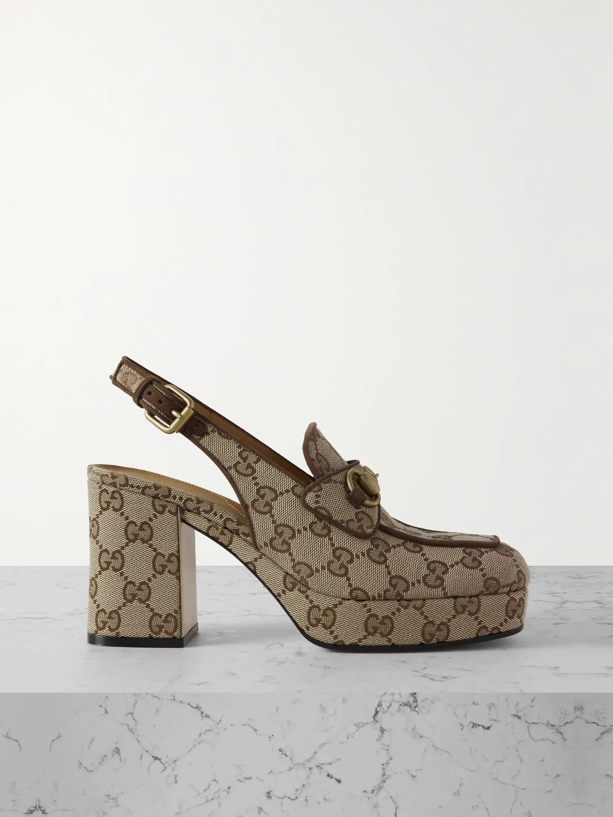 Lady horsebit-detailed suede-trimmed canvas-jacquard slingback platform pumps | NET-A-PORTER (US)