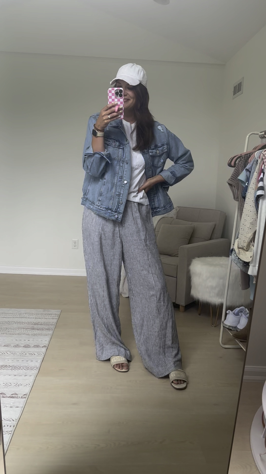 Tall Jean jacket, striped linen blend pants, white tee, Paris sandals and a white baseball hat 

#LTKVideo #LTKSaleAlert #LTKSeasonal