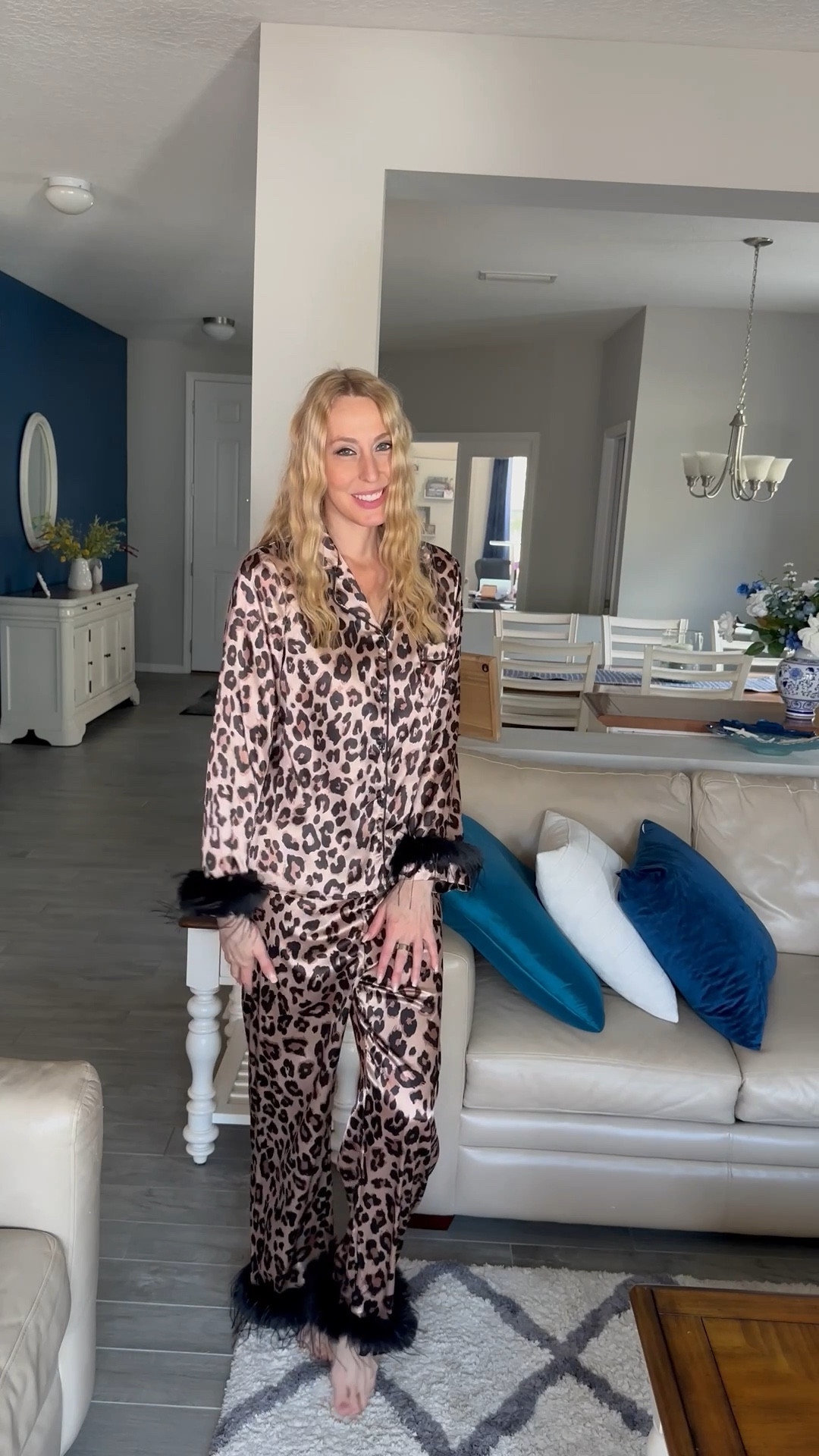 Satiny and luxe leopard pajamas 
💓these are cute and I love the feather sleeve details
💓it has stretch in the waist but the rest does not 
💓 wearing size small, fits true to size and I am 5’10”
💓 SHEIN fashion, SHEIN under $50 find

#LTKTall
