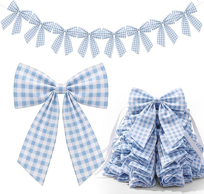 8 ft Sky Blue Bow Garland Decorations Blue Fabric Bow Banner Hanging Banner for Mantel Wall Decor... | Amazon (US)