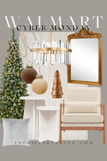 Walmart Cyber Monday Sale: home decor and furniture finds for the modern holiday home on sale at Walmart. Accent chair, neutral area rug, gold mirror, gold chandelier, Christmas tree, nesting accent tables, faux fur throw pillow, wood bead garland, wood tree, velvet ornaments

#LTKCyberWeek #LTKsalealert #LTKHoliday
