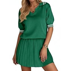 Fisoew Womens Summer 2 Piece Skirt Sets Short Sleeve V Neck Knit Sweater Tops Pleated Mini… | Amazon (US)