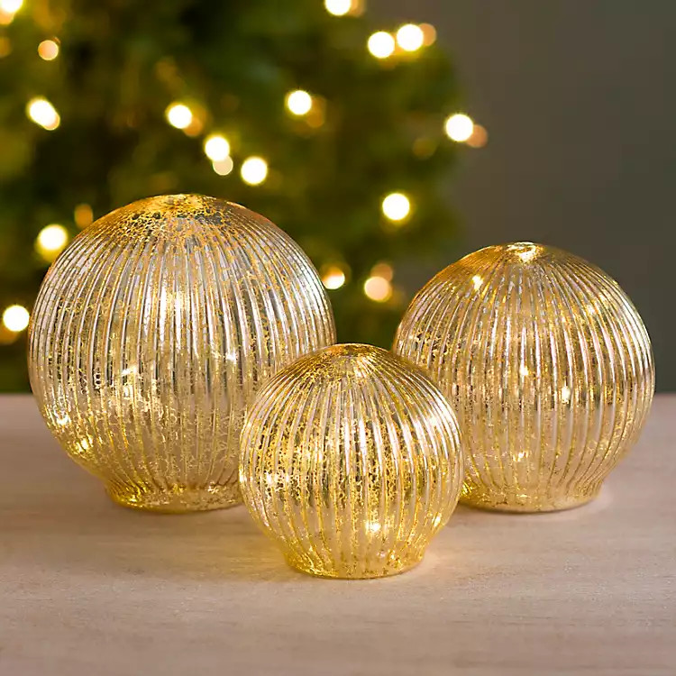 New! Pre-Lit Gold Mercury Glass Ribbed Orbs, Set of 3 | Kirklands