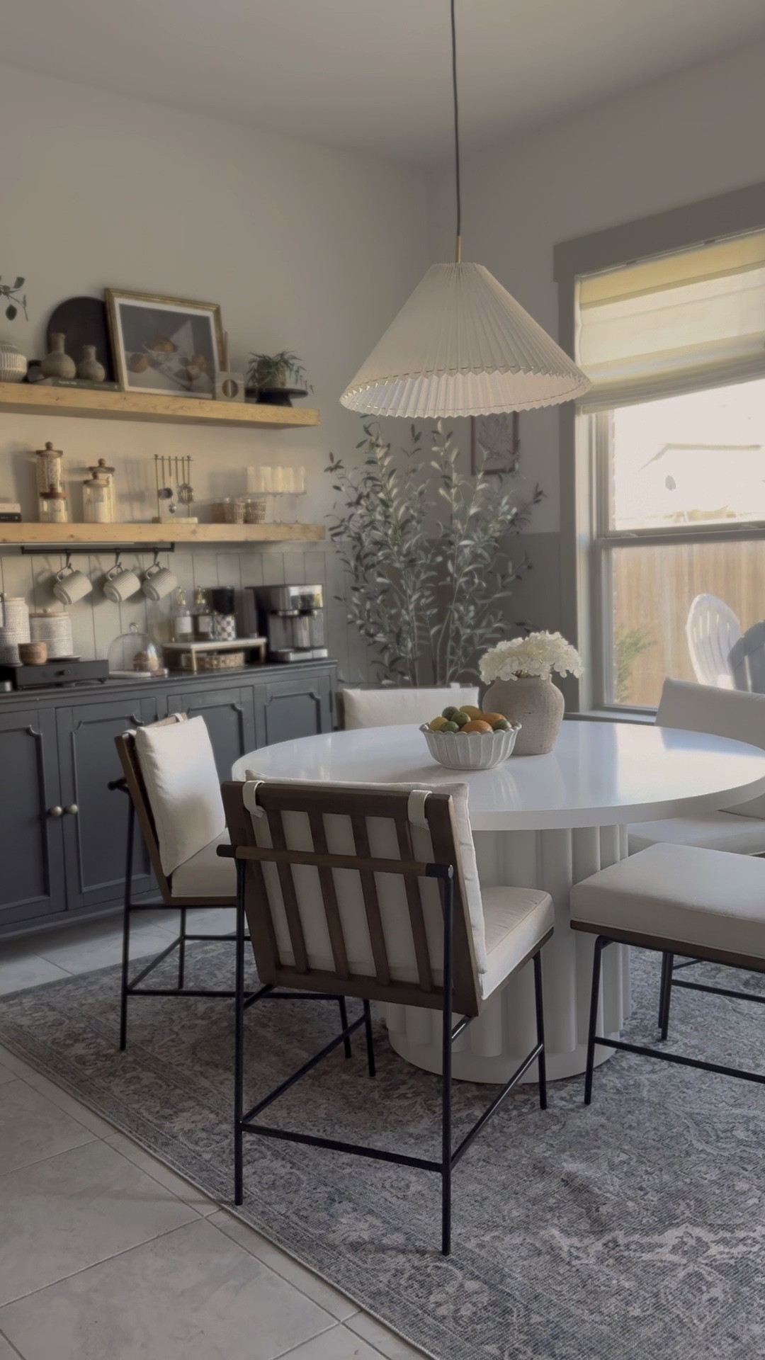 Dining room, coffee bar, breakfast nook, round dining table, upholstered dining room hairs, look for less, Amazon Roman shades, floating shelves 

#LTKHome