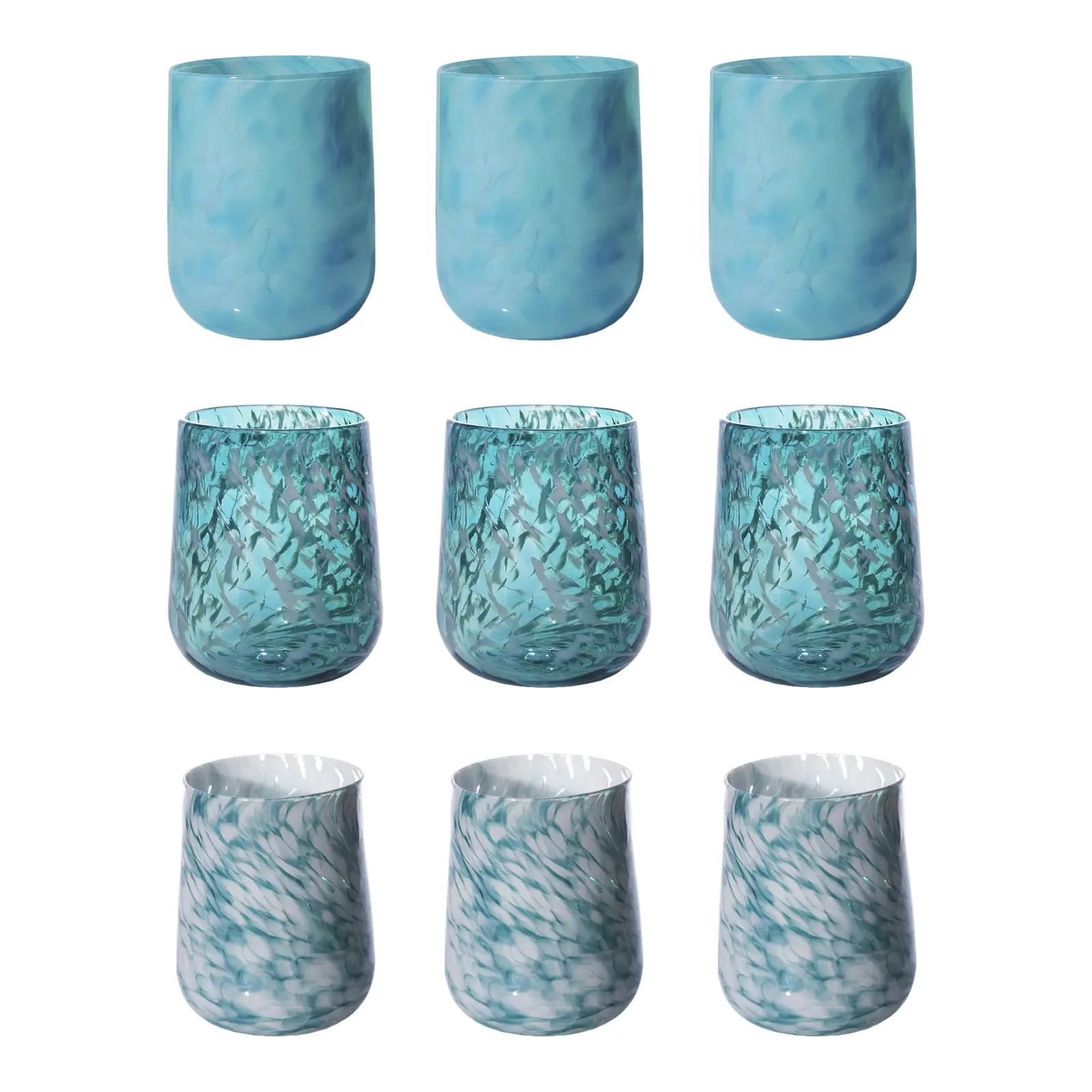Blues & Teals Stemless Wine Glasses - Set of 9 | Chairish