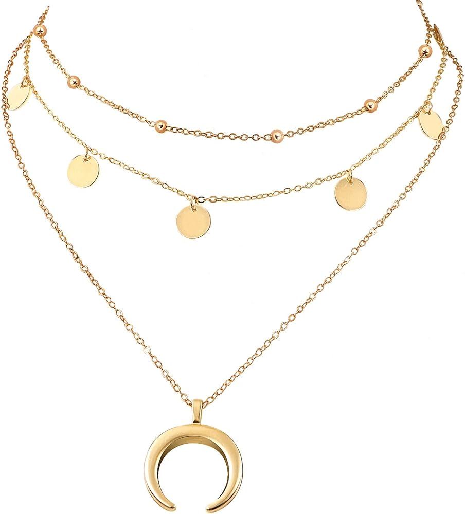 Layered Chain Choker Necklace Moon Rhinestone Pendant Chain Jewelry for Girls Women | Amazon (US)