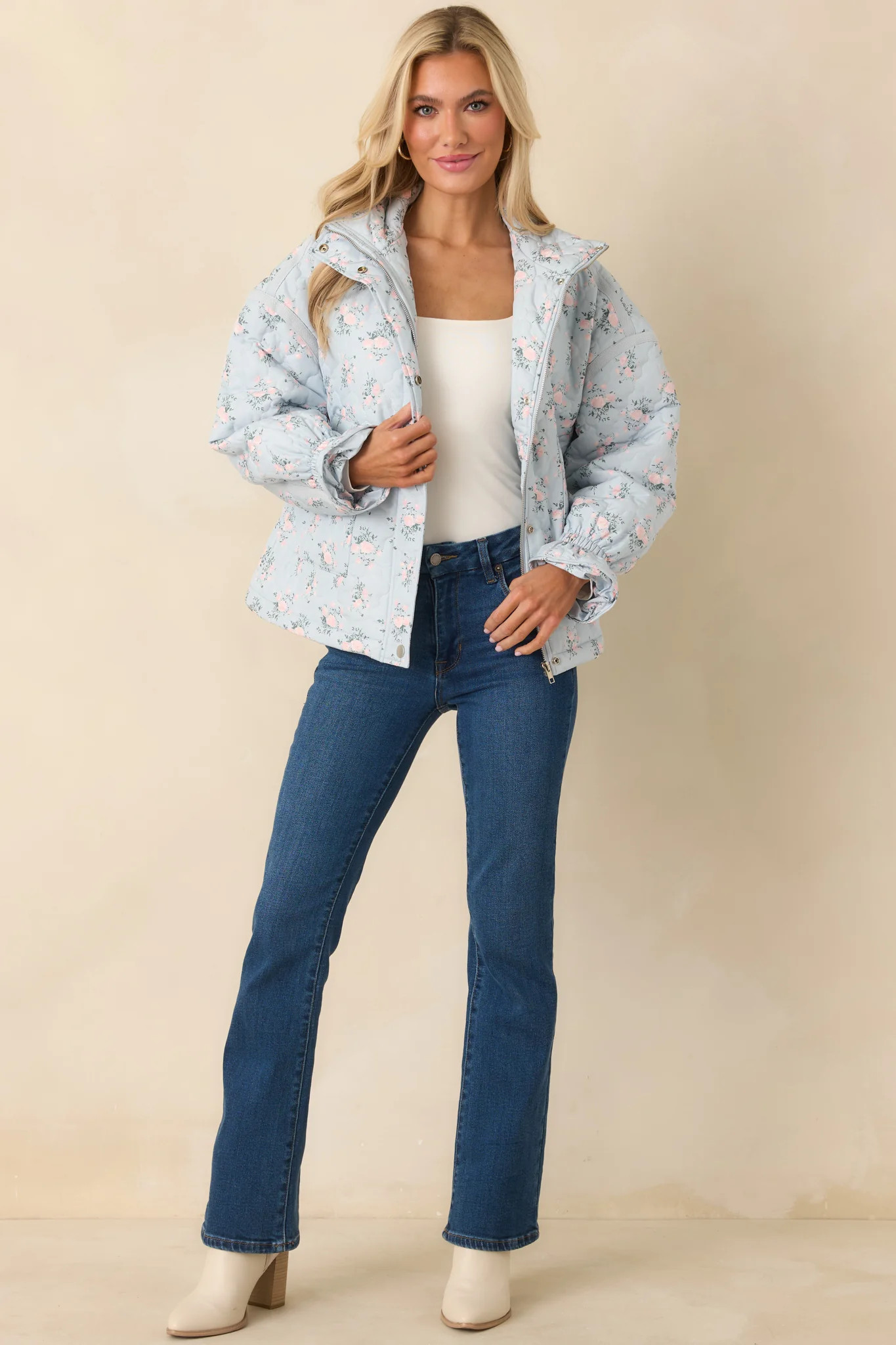 Simply Yours Blue Multi Floral Pattern Quilted Jacket | Red Dress