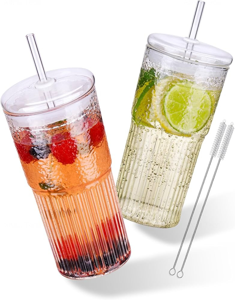 NiHome High Borosilicate Glass Tumbler Cup with Lid and Straw, 22oz Clear Iced Coffee Glass Cups ... | Amazon (UK)