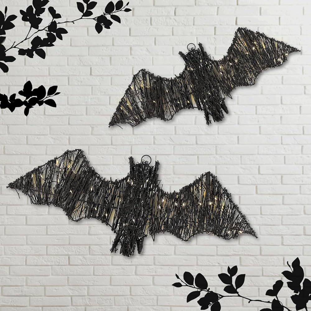 2 Pack Rattan Bats with Hanging Loops Halloween Lights 3D Lit Woven Bats with Timer Remote for Ru... | Amazon (US)
