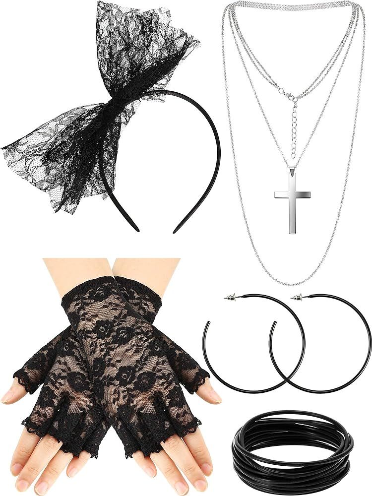 80s Fancy Dress Costume Accessories Lace Headband Earrings Fishnet Gloves Necklace Bracelet for 8... | Amazon (US)