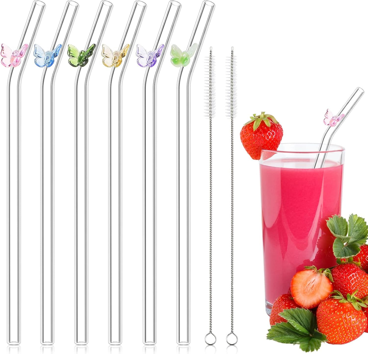 6 Pcs Reusable Glass Straws with Design, 8 mm x 7.9 in Colorful Butterfly on Clear Straws Bent Gl... | Amazon (US)