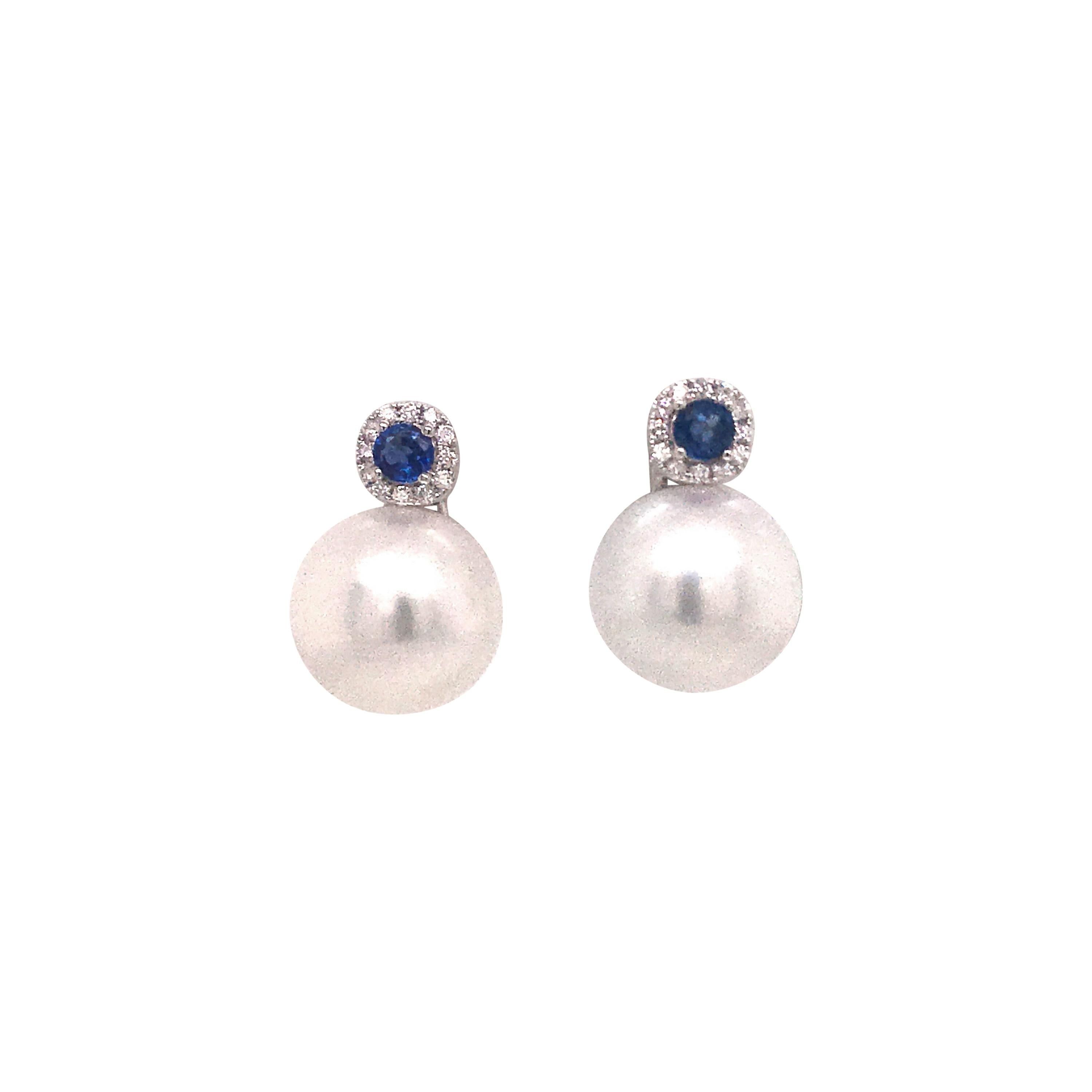 Sapphire Diamond South Sea Pearl Earrings 0.84 Carat 18 Karat White Gold | 1stDibs