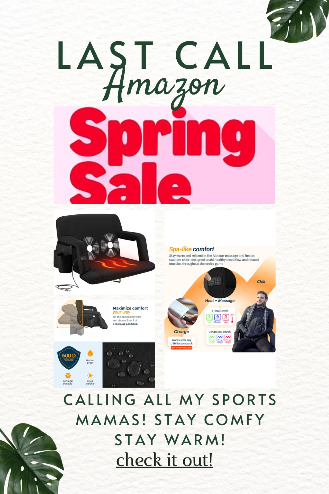 Attention all my sports mamas, dads, glammas, and grampas, save the buns and back with this convenient and easy to use stadium seat that heats and massages! You won’t be disappointed putting in those long hours when supporting your kiddos! #ltksports #sportsmama #cuteandcomfy 

#LTKfamily #LTKsalealert #LTKSeasonal