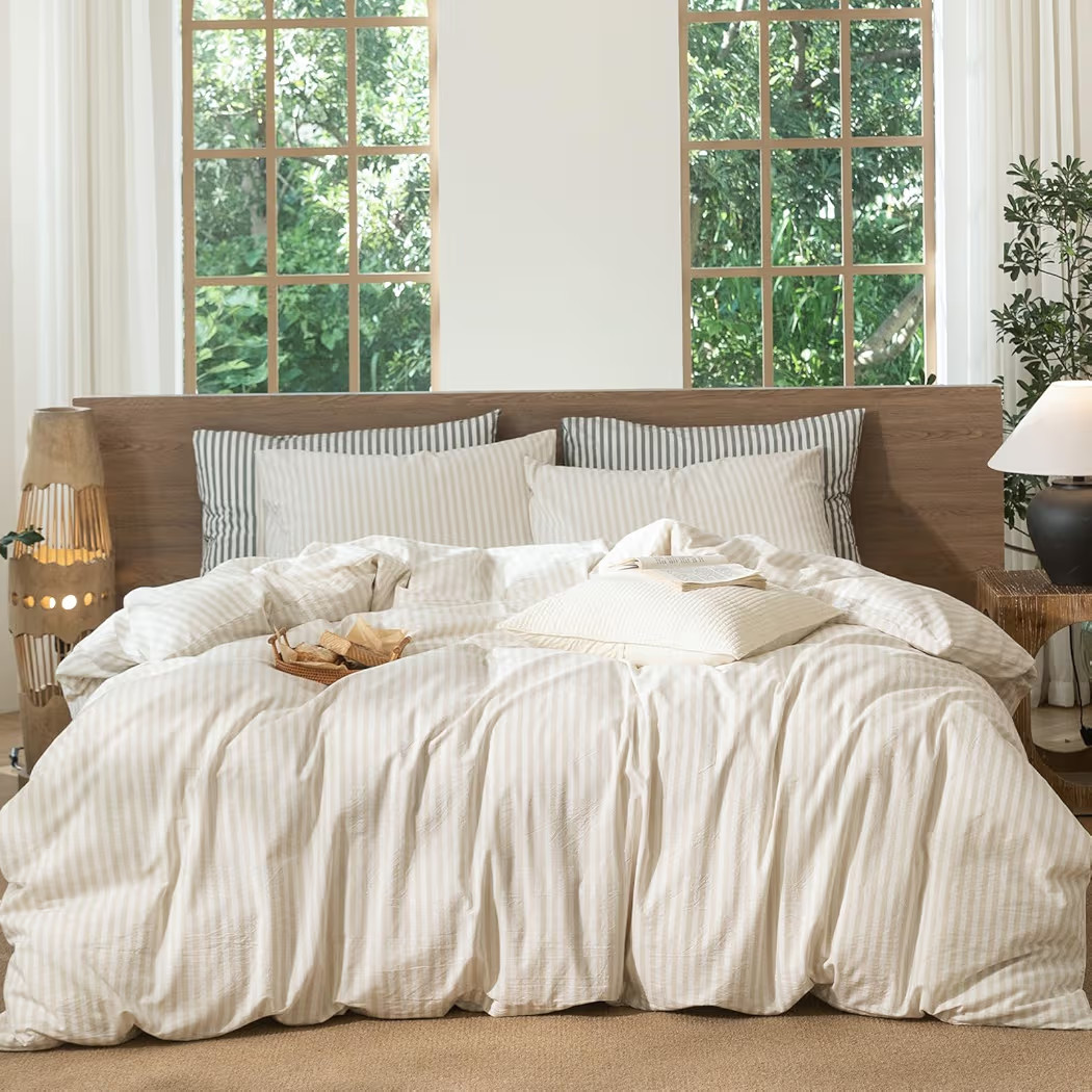 MooMee Striped Duvet Cover Set 100% Washed Cotton Linen Like Textured Breathable Durable Soft Com... | Amazon (US)