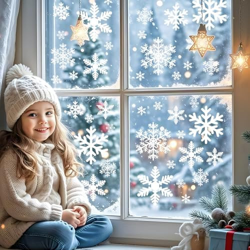144 Pcs Christmas Window Clings for Glass Windows - 8 Sheets Static Snowflakes Christmas Window D... | Amazon (US)
