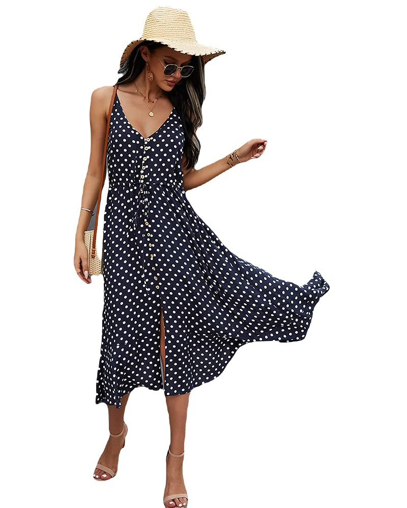 Women Summer V Neck Polka Dot Floral Print Spaghetti Strap A-Line Button Down Casual Sleeveless Dresses (S-XL) | Amazon (US)