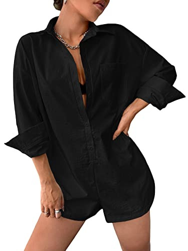 Floerns Women's Solid Button Down Long Sleeve Drop Shoulder Shirt Short Romper Black S | Amazon (US)