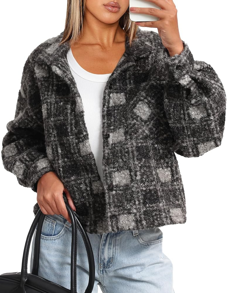 Darong Women's Cropped Fuzzy Fleece Jacket Button Down Plaid Leopard Jackets 2025 Fall Winter Sof... | Amazon (US)