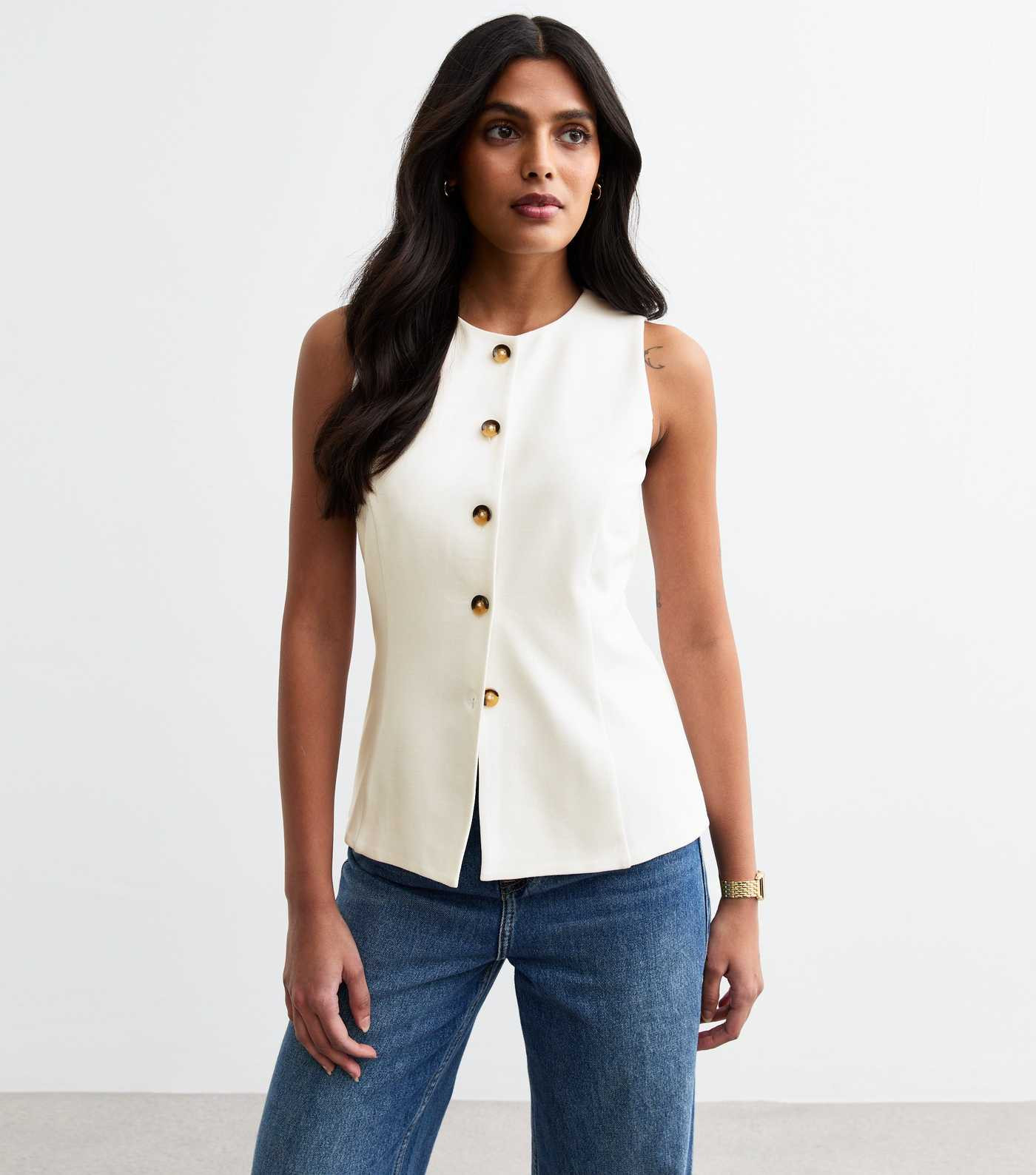 White Buttoned Crew Neck Ponte Waistcoat | New Look | New Look (UK)