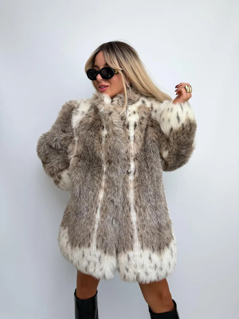 Vintage Snow Lynx Faux Fur Coat Snow Fox Spotted Jacket 80s Made in USA Gray White Statement Wint... | Etsy (Global)