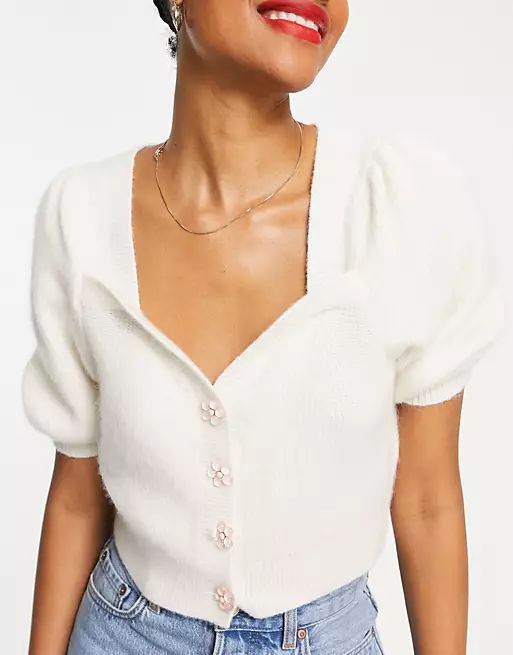& Other Stories short puff sleeve cardigan with gem buttons in cream | ASOS (Global)