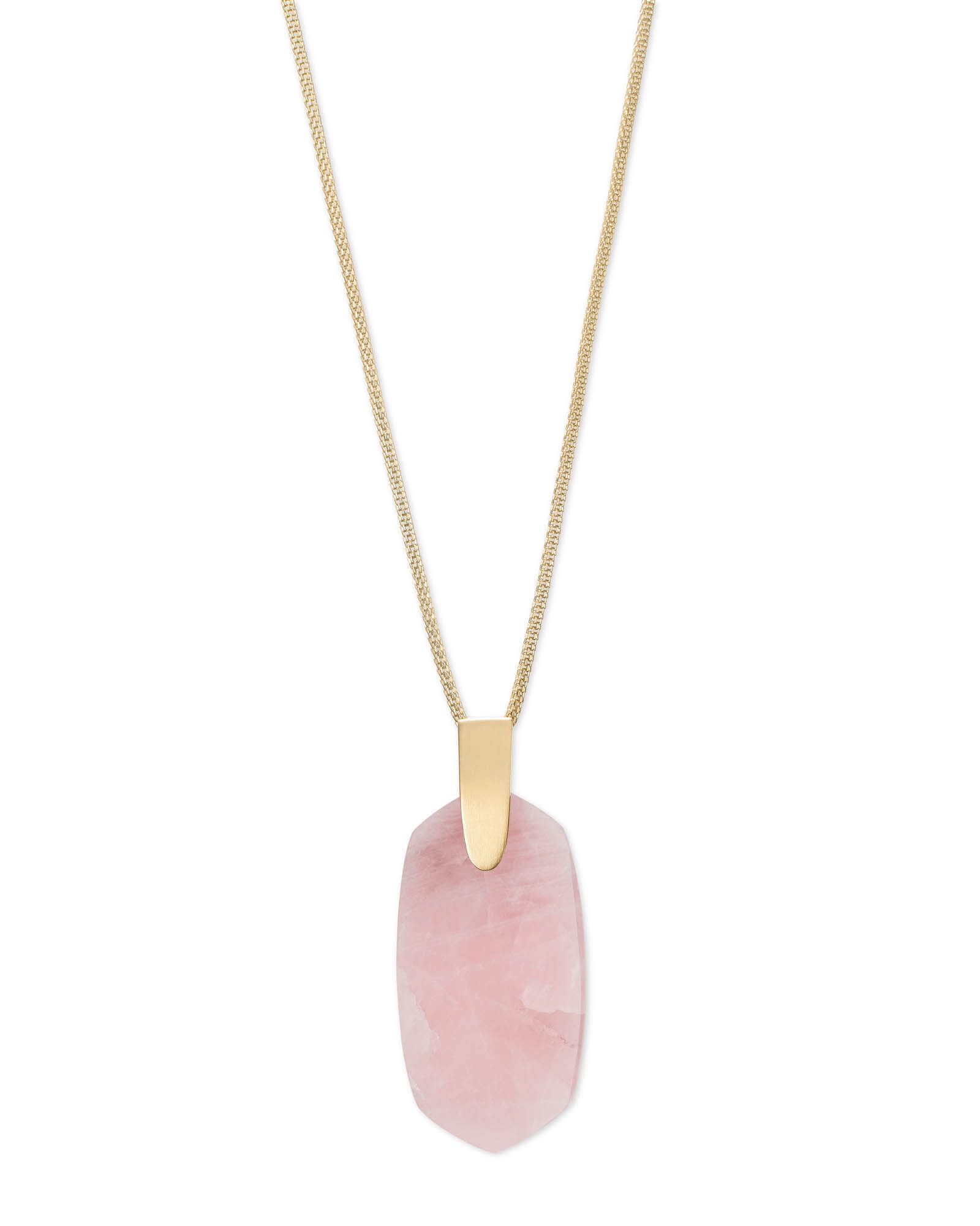 Inez Gold Long Pendant Necklace in Rose Quartz | Kendra Scott