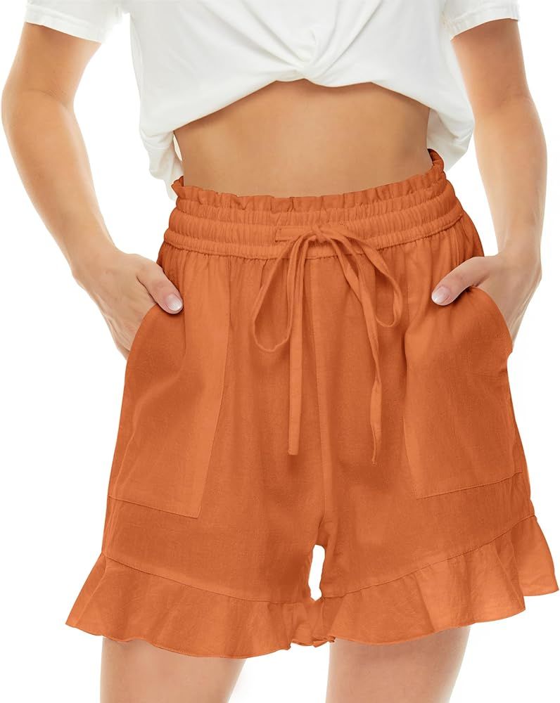 LNX Womens Linen Shorts High Waisted Wide Leg Drawstring Ruffle Flowy Shorts with Pockets | Amazon (US)