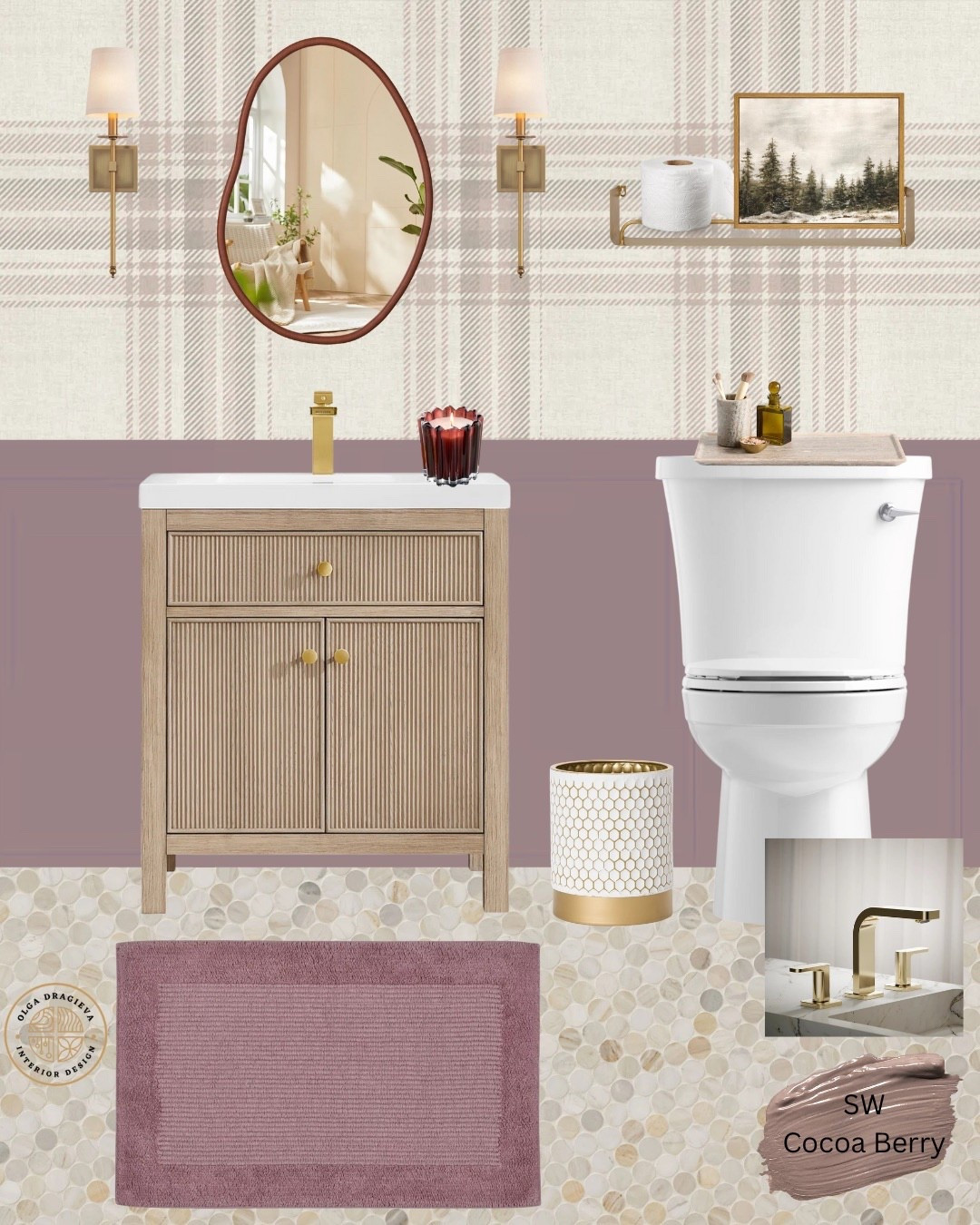 Beautiful half bathroom design. Vanity, sconces and mirror from Wayfair. Affordable art from Amazon, neutral plaid wallpaper. #homedecor #bathroom 

#LTKSeasonal #LTKHome #LTKHoliday
