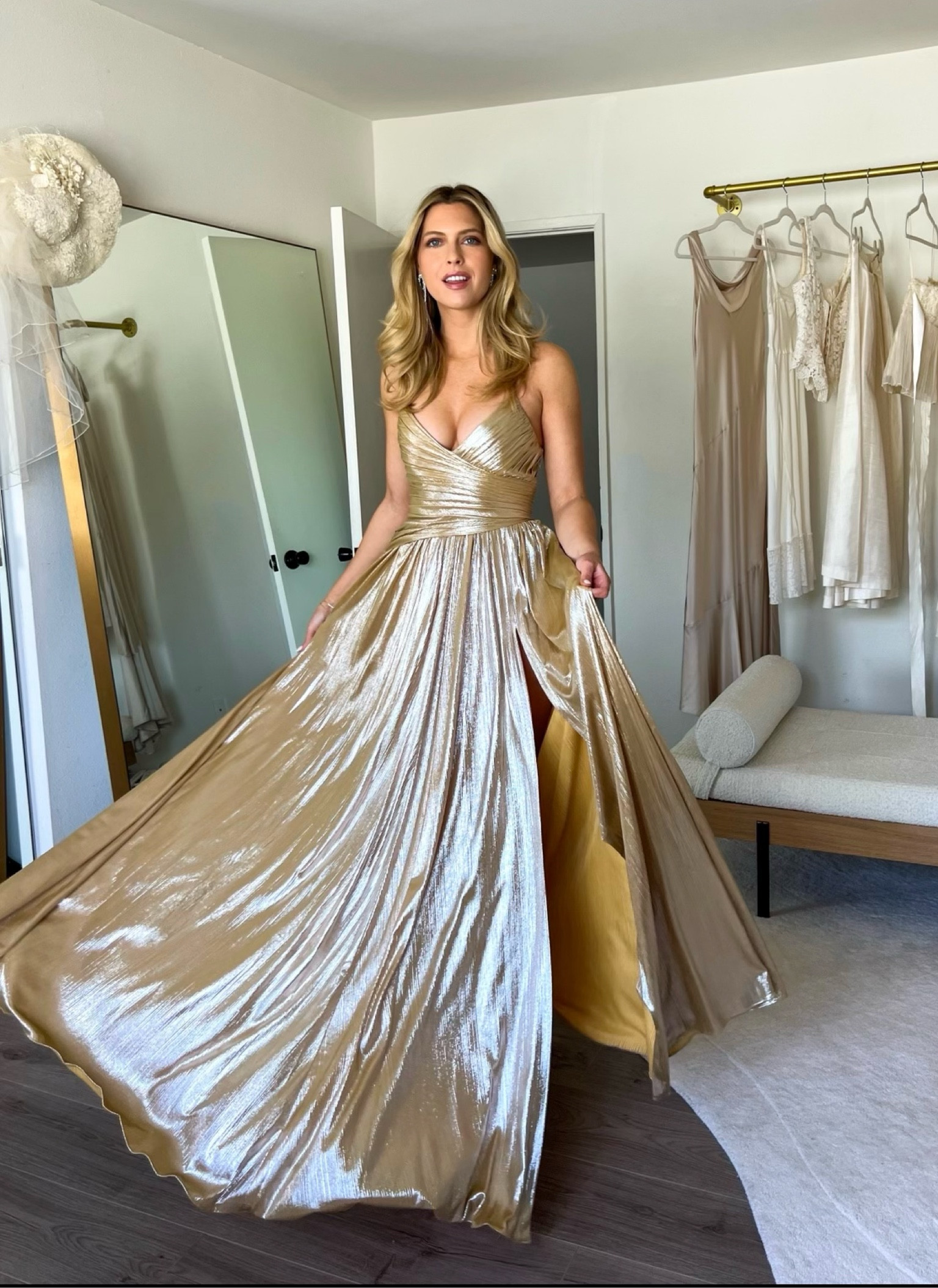 Gold Wedding guest dress inspiration from revolve. Wearing an XS in this Retrofete dress 
#goldgown #weddingguestdress #weddingguestoutfit