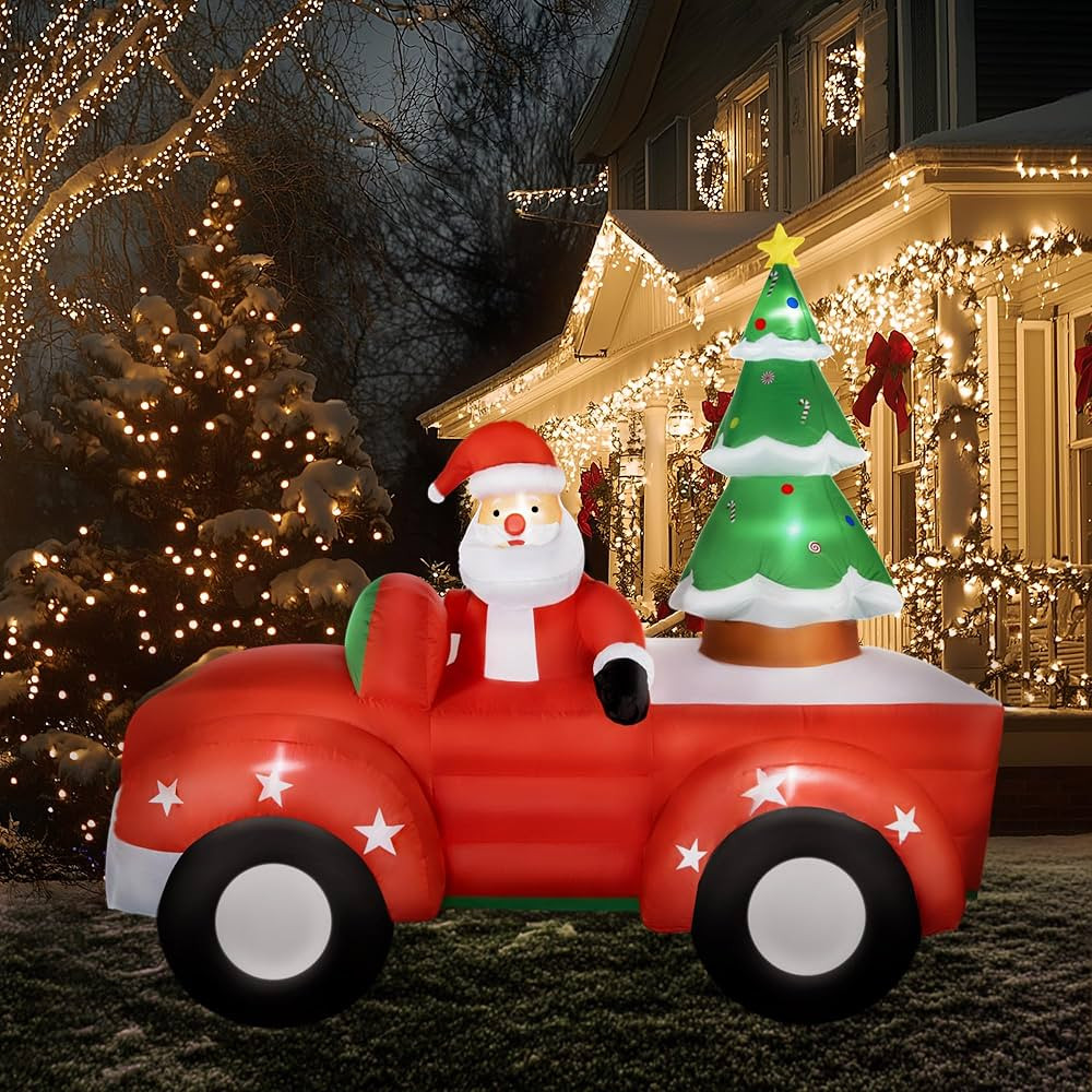 8ft Inflatable Santa Driving a Car with Tree - Outdoor Christmas Decorations 2024, Light-Up Blow ... | Amazon (US)