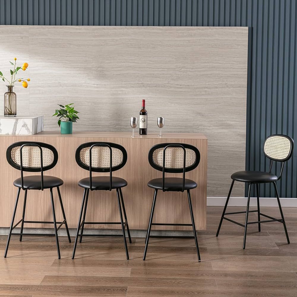Counter Stools Rattan Back Dining Chair,Indoor Faux Leather Bar Stools Set of 4,Armless Dining Ch... | Amazon (US)
