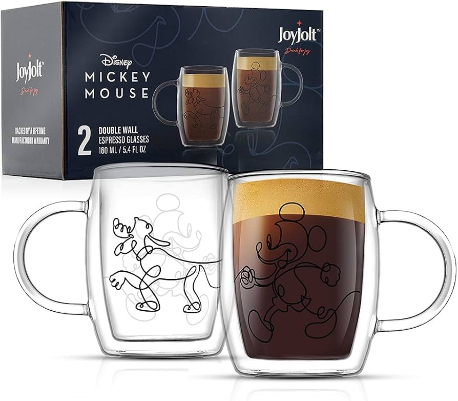 JoyJolt ‘Aroma’ Disney Mickey and Pluto 5.4oz Glass Cups Set. 2 Insulated Double Wall Glass E... | Amazon (US)