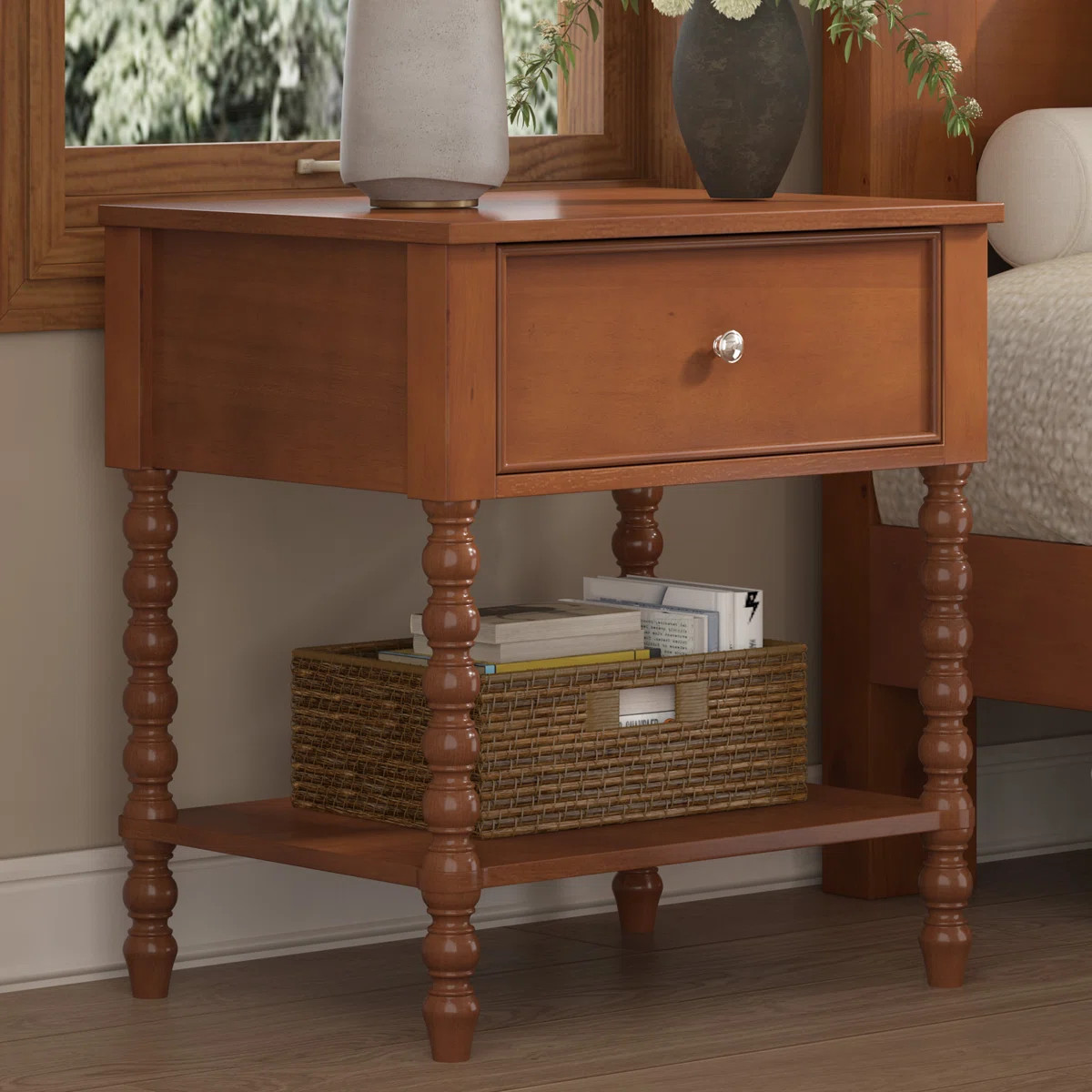 24'' Turned Solid Wood Spindle Nightstand with Drawer&Open Shelf,Brown | Wayfair North America
