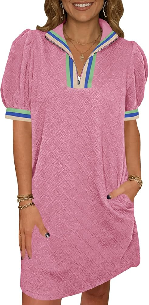 Fisoew Womens Summer Puff Short Sleeve Mini Dress Quarter Zip V Neck Casual Textured Loose Fit Ac... | Amazon (US)