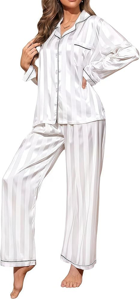 Womens Satin Pajamas Set 2 Piece Lounge Sets Silk Pjs Striped Loungewear Button Down Sleepwear | Amazon (US)